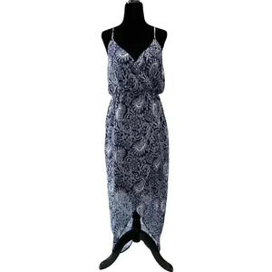 Smart Set Maxi Dress Wrap Front Sheer Flowy Hi Low Asymmetric Blue Paisley XS